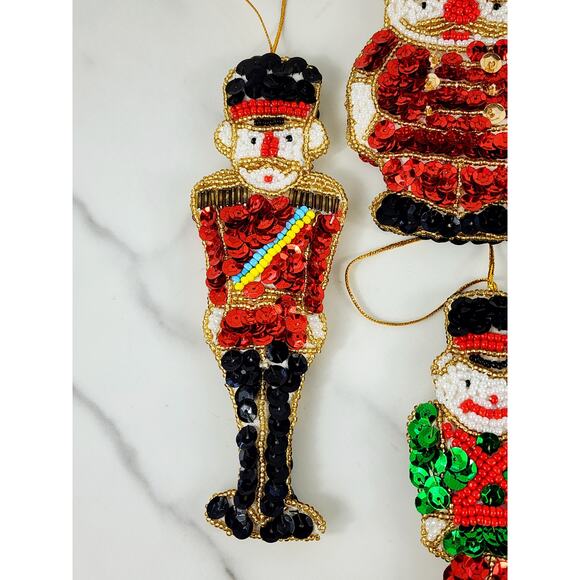 Christmas Ornament Sequins And Beaded Soldiers 4" Handmade 90's Two Sided x6 Vtg - Picture 2 of 13